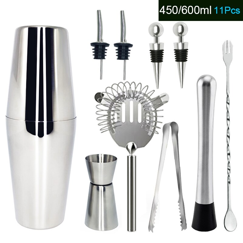 12 teile/satz 750/600ml Cocktail Shaker Set kit Bartender Kit shaker Edelstahl Bar Tool Set Bartending Kit mit Wein Rack: 11Pcs450ml 600ml