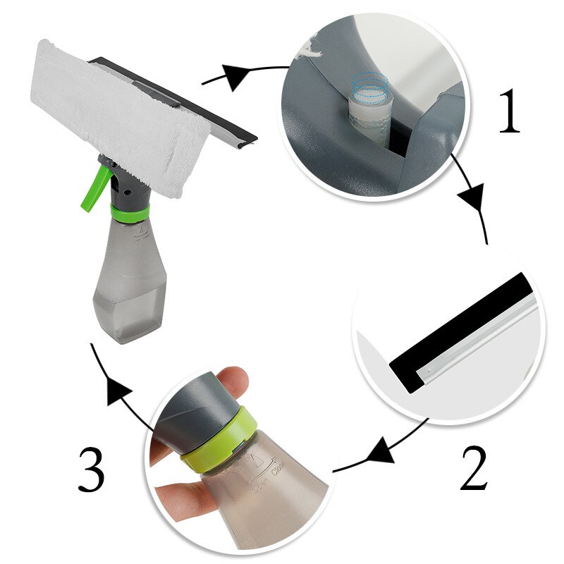 Fönsterputs 3 in 1 spray fönsterputs glasborste skrapa silikontorkare mikrofiber tygkuddesats bilglas renborste