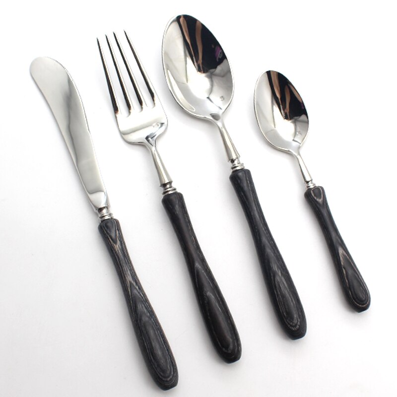 Top 4pc/ sæt træskaft bestik rustfrit stål western food bestik sæt gaffel ske smør kniv spisestel sæt