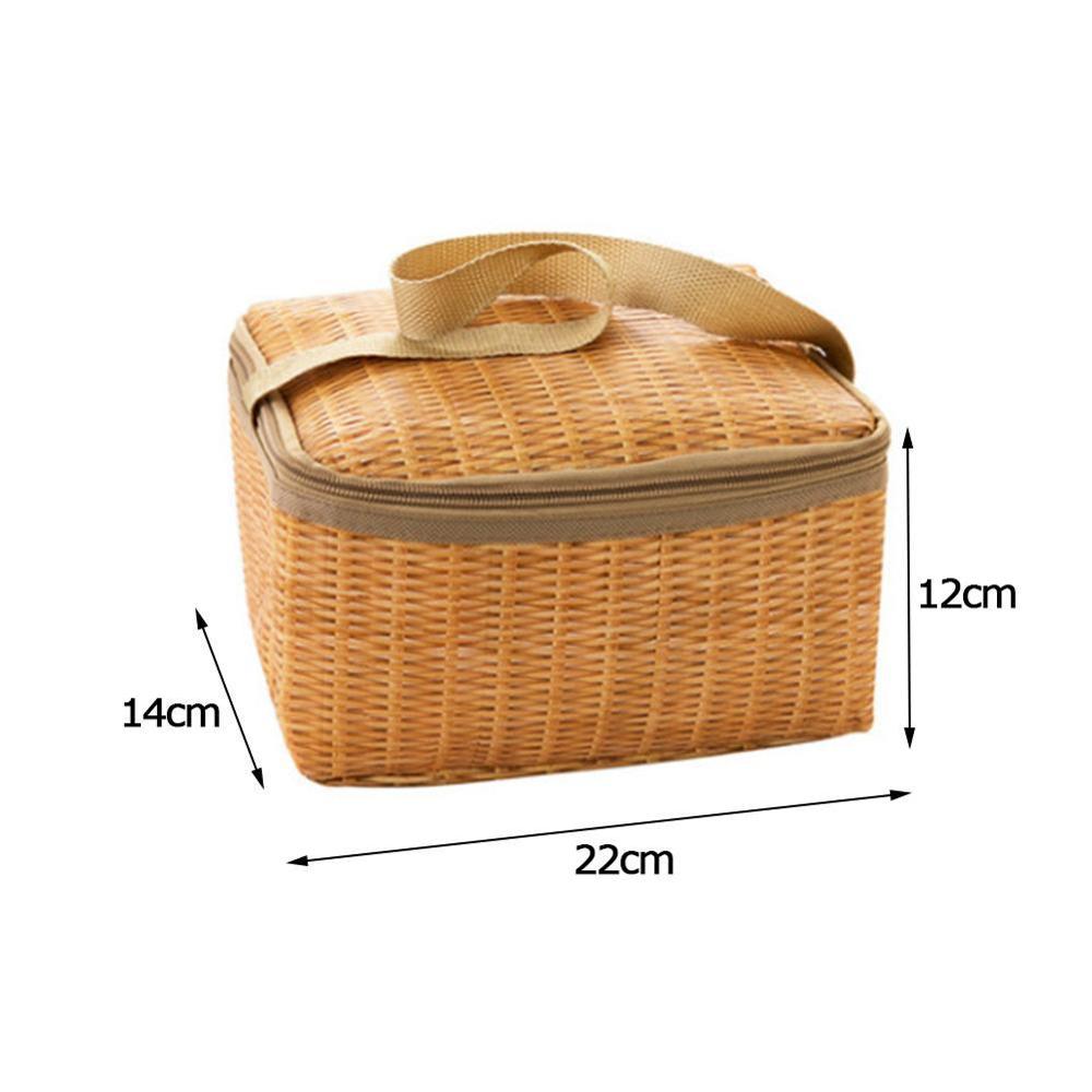 Portable Lunch Bag Wicker Rattan Outdoor Waterproof Tableware Insulated Thermal Cooler Food Container Basket Camping Picnic