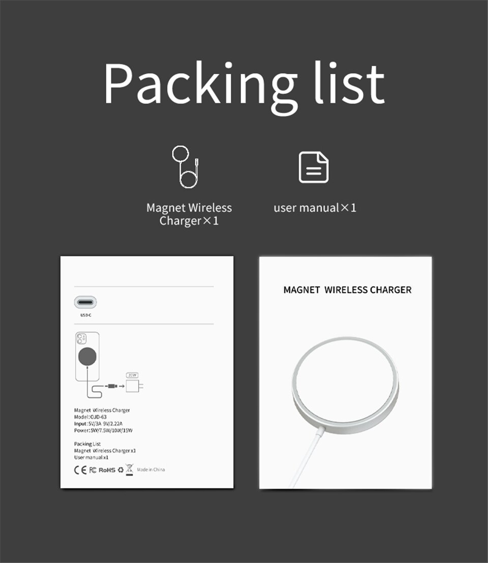 Magnetische draadloze oplader met ingebouwde usb-c-kabel, draagbaar voor mobiele telefoon 12 pro max 15w qi magsafe snellader