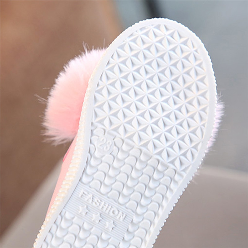 0-18M Baby Meisjes Schoenen Solid Roze Groen Wit Baby Meisjes Ondiepe Konijn Pluche Bal Anti Slip Mocassins antislip Babyschoenen