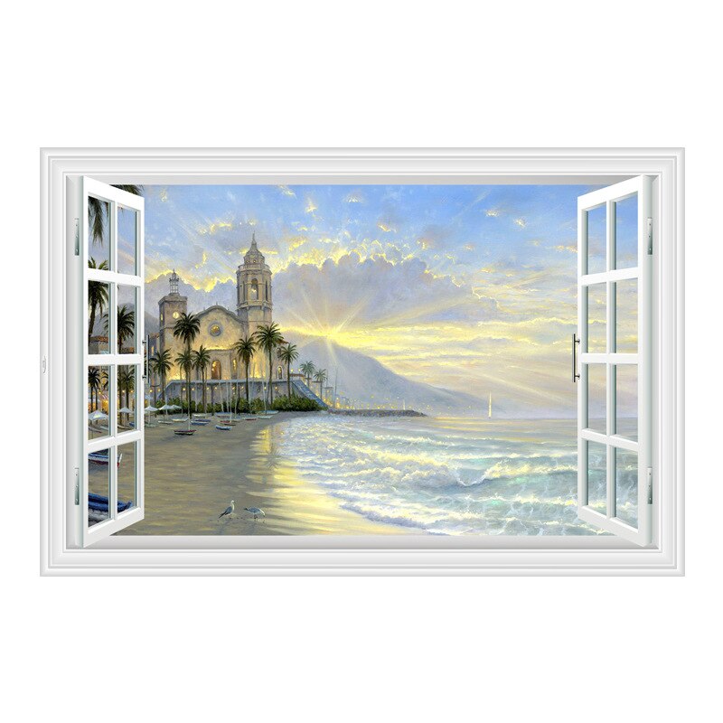 3D stickers Mediterranean blue false window scenery bedroom living room hotel decoration wall stickers: C