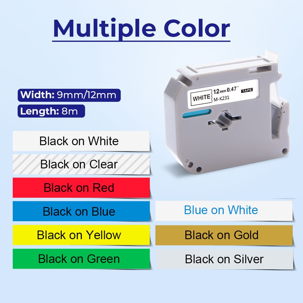 10PK Label Tape for Brother P-touch PT-80 - 12mm x 8m - Compatible with MK-231/MK-431/MK-631