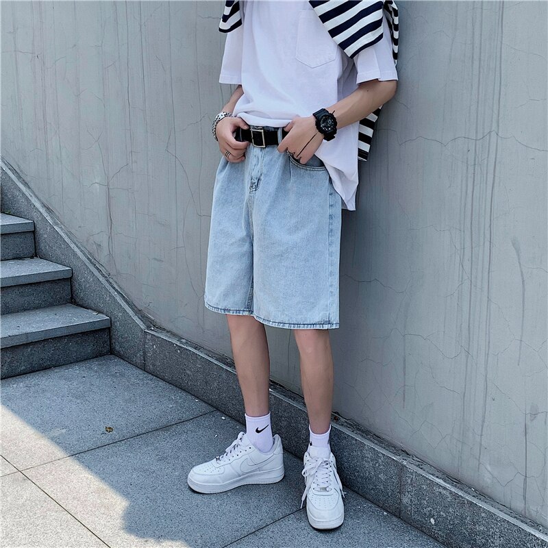 Summer Tooling Denim Shorts Men Korean Casual Loose Straight Denim Shorts Men Harajuku Streetwear Denim Half Pants Men