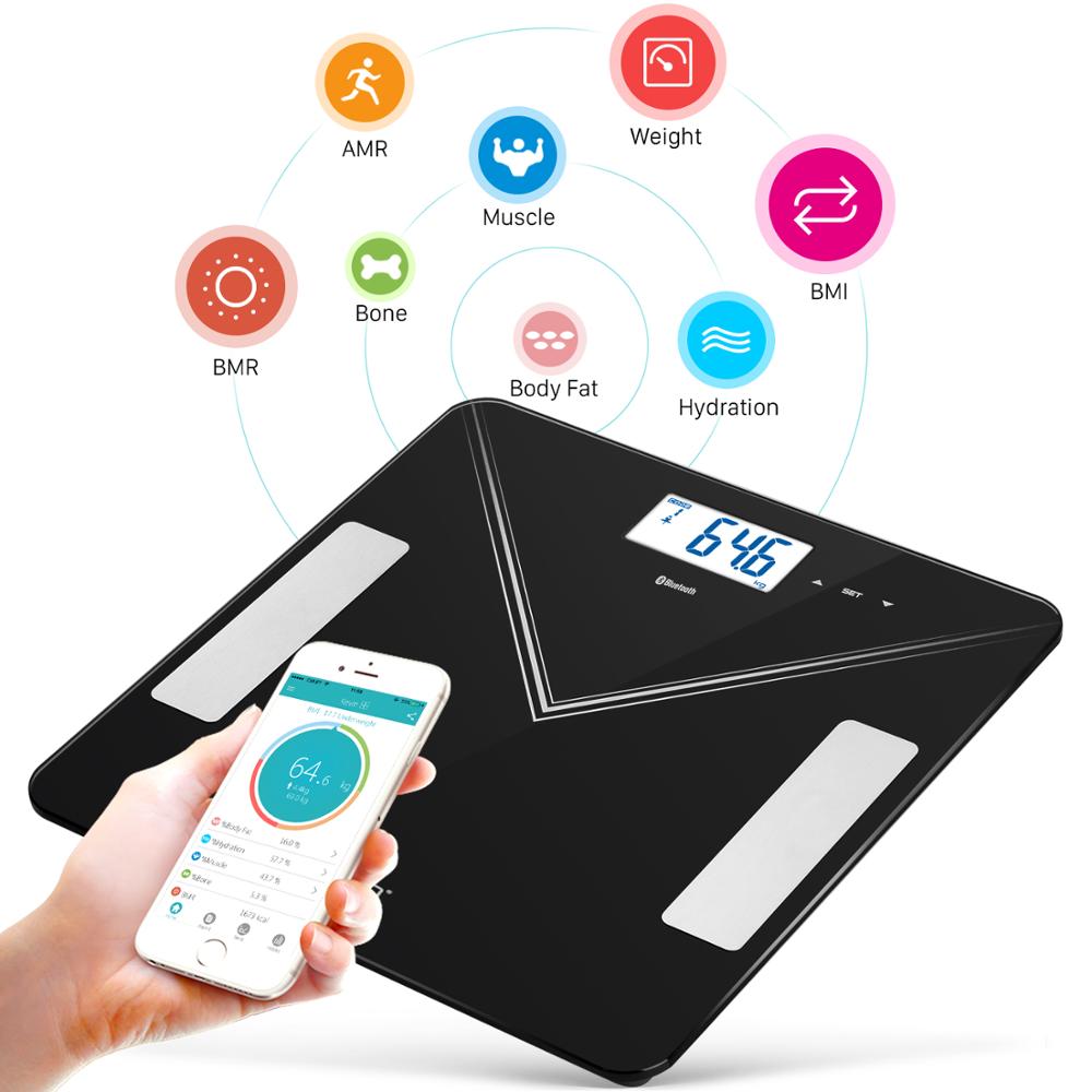 Bluetooth Digital Weight Scale Smart Body Fat Scale Weight Multi-function Glass Scale Bath IOS Android APP Black