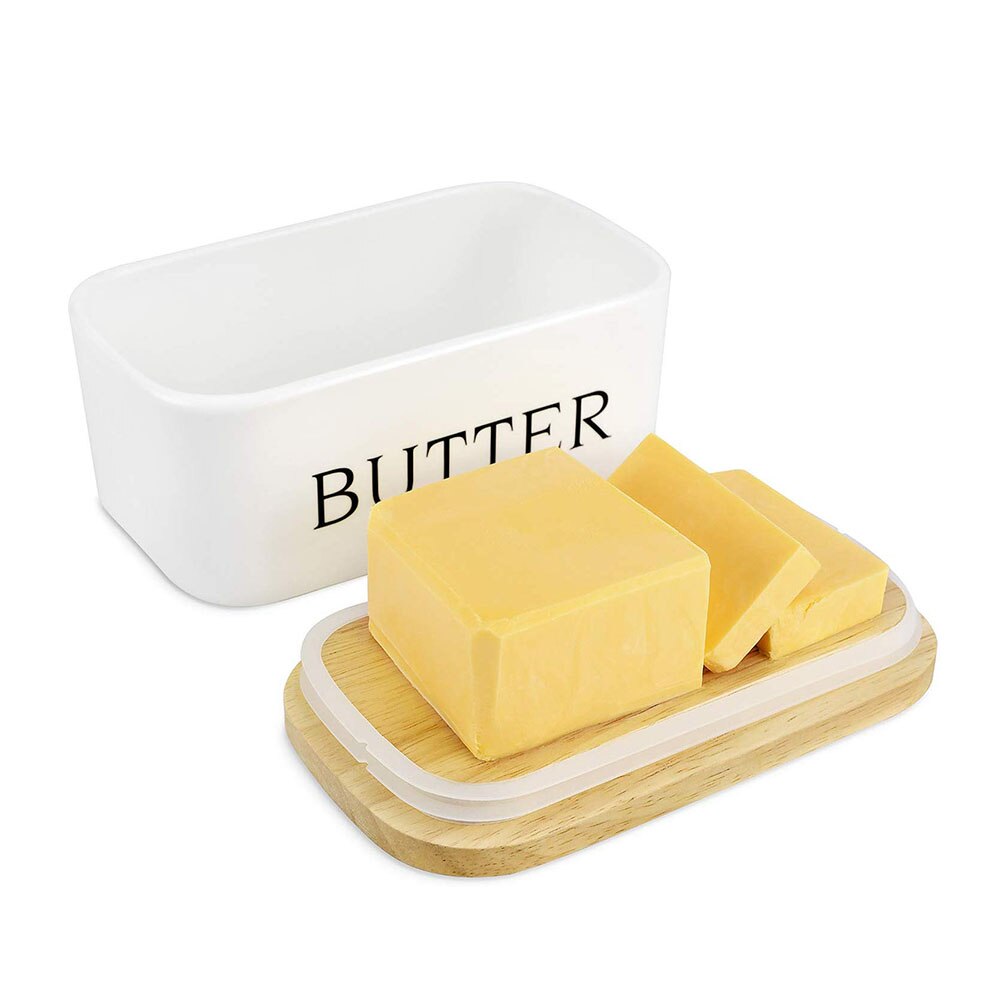 Forseglingsæske med nordisk smør, keramisk smørplade, hvid, med trælåg og kniv, opbevaringsbakke til ost smøropbevaringsæske