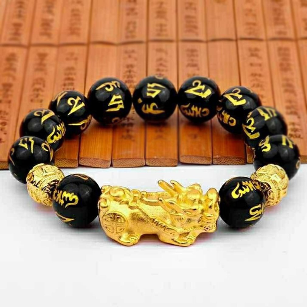 Feng Shui Obsidiaan Steen Kralen Armband Mannen Vrouwen Unisex Polsband Goud Zwart Bixie Rijkdom En Geluk Vrouwen Armband