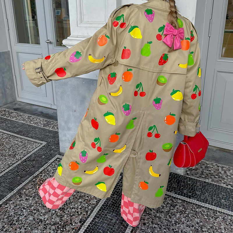 Höst vinter lång jacka frukttryck långärmad trenchcoat nischknapp varm överrock high street dam ytterkläder: M / Beige