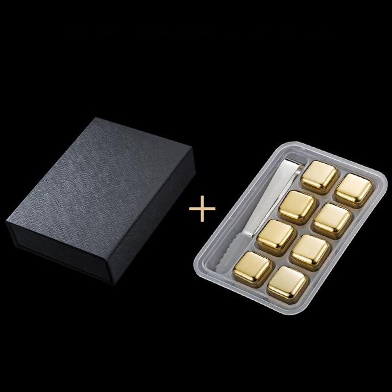 6/8PCS Boxed Stainless Steel Whiskey Stones Ice Cubes Eco-Friendly Stone For Wine Cooler Whiskey Stones Cube Beer Chillers: Gold square-8pcs