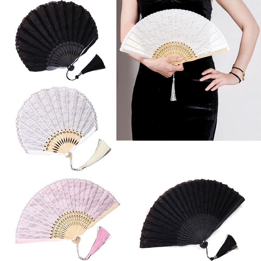 Draagbare opvouwbare ventilator met kwastje, lichtgewicht, met kant, handventilator met hol handvat, duurzame chinese ventilator voor dames