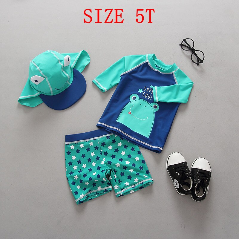 Baby Swimwear UV Protected Long Sleeve Bathing Suit Lovely Frog Print Two Pieces + Cap Boys Swimsuit Kids Swimming Pool Clothes