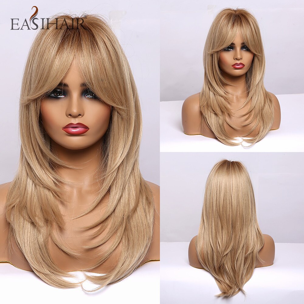 Easihair långa blonda raka peruker lager frisyr syntetiska peruker för kvinnor naturligt hår peruk värmetålig cosplay peruk: Lc259-3