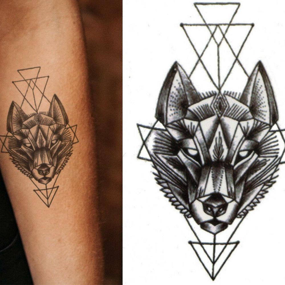 Géométrie losange tatouages temporaire bras Lotus loup hommes tatouage autocollants noir fleur imperméable Tatoos femmes henné pâtes