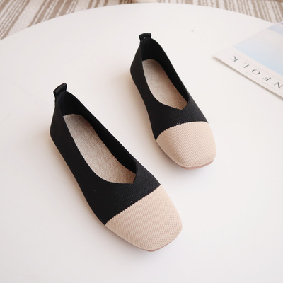 EOEODOIT Karree Patchwork Frauen Schuhe V Mund strecken betroffen Atmungsaktive Stoff Ballett Wohnungen Weibliche Beiläufige Gemütliche Turnschuhe Loafer: Schwarz / 8,5