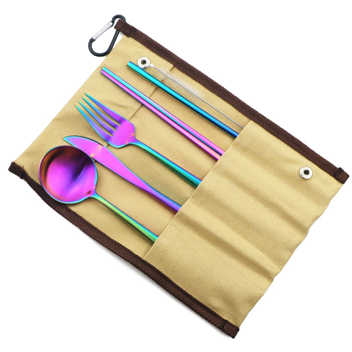Rainbow Knife Fork Spoon Chopsticks Straw Set Portable Flatware Metal Travel Storage Cutlery Set Picnics Offices BBQ Accessories: Beige A Bag Rainbow