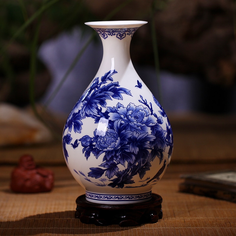 Jingdezhen Blauw en Wit Porselein Vazen Fine Bone China Vaas Pioen Versierd Keramische Vaas