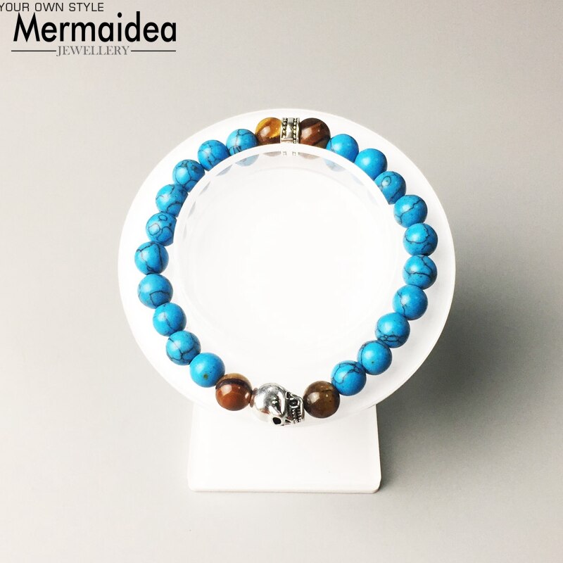 Tilbehør smykker lavasten blå sten perle kranium skelet sølvbelagt charme stretch armbånd til kvinder