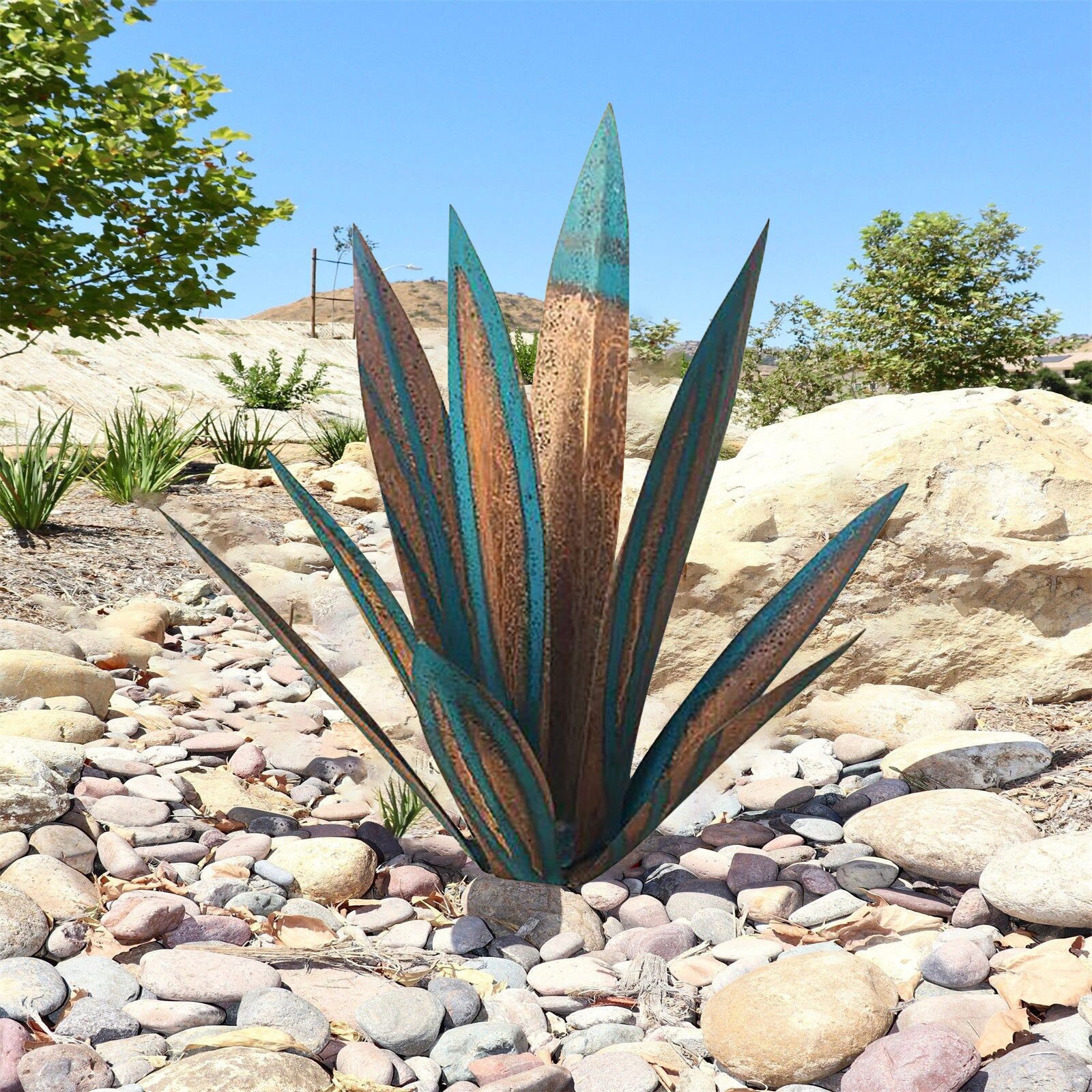 Plante d'agave en métal bricolage, Sculpture rustique de Tequila, décoration artistique de jardin de cour, décoration de maison, Figurines de jardin, piquet de cour: Blue 