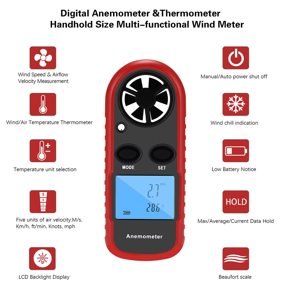 FangNymph WT816 Digital Tachometer Handheld Wind Speed Meter Tester Portable Wind Gauges Air Flow Thermometer Measuring Device