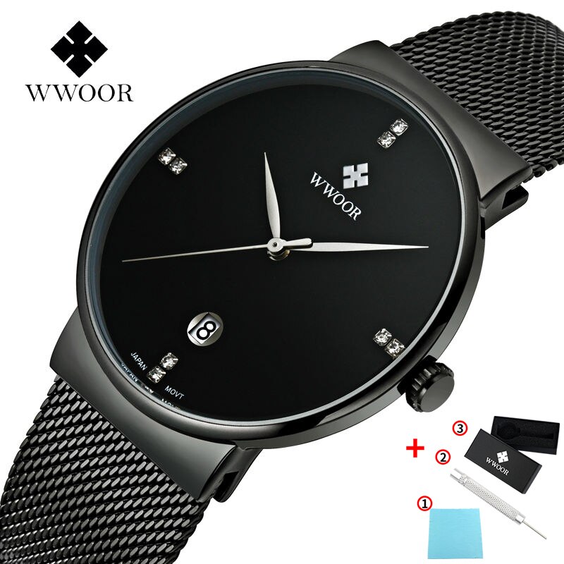 WWOOR-montre de luxe pour hommes, en acier inoxydable, doré, montre à Quartz minimaliste, diamant: Black