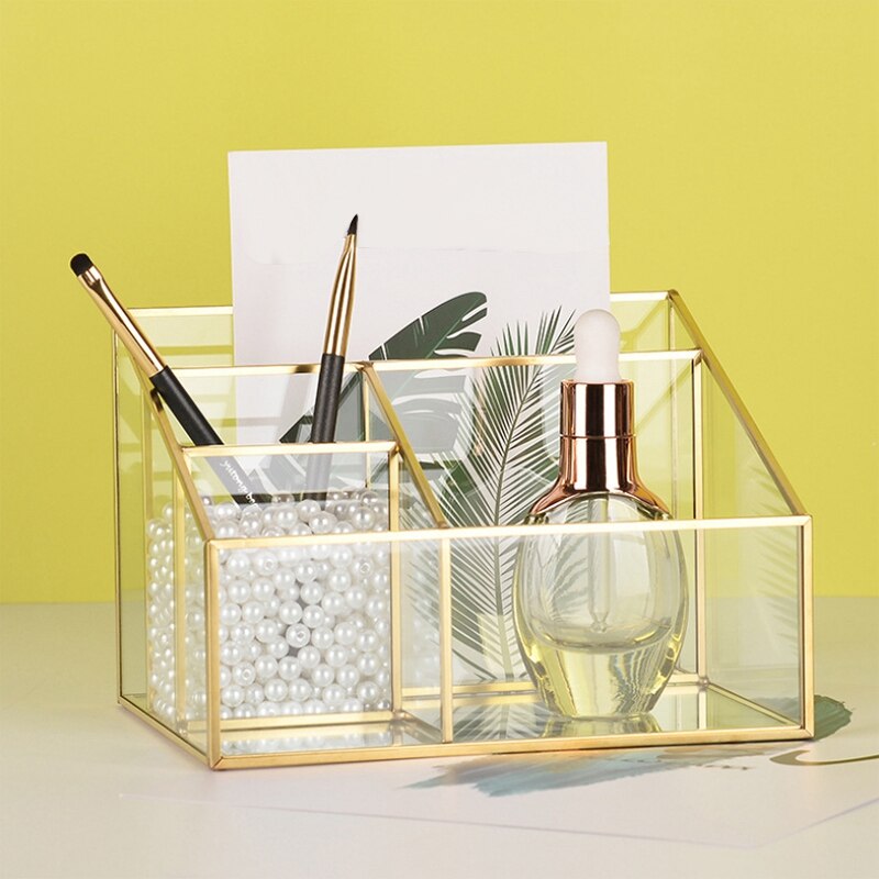 Vintage cosmetica organizer van glas en metaal met 4 compartimenten voor make-upkwasten, parfum, lippenstift, nagellak, goudkleurig