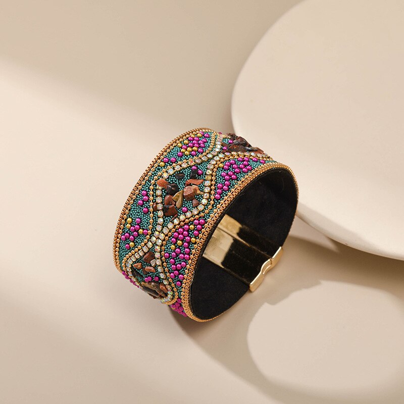 Bohemian Retro Dames Armband Punk Wind Turquoise Strass Handgemaakte Kralen Charm Vrouwelijke Armband Manchet Sieraden Vrouwelijke