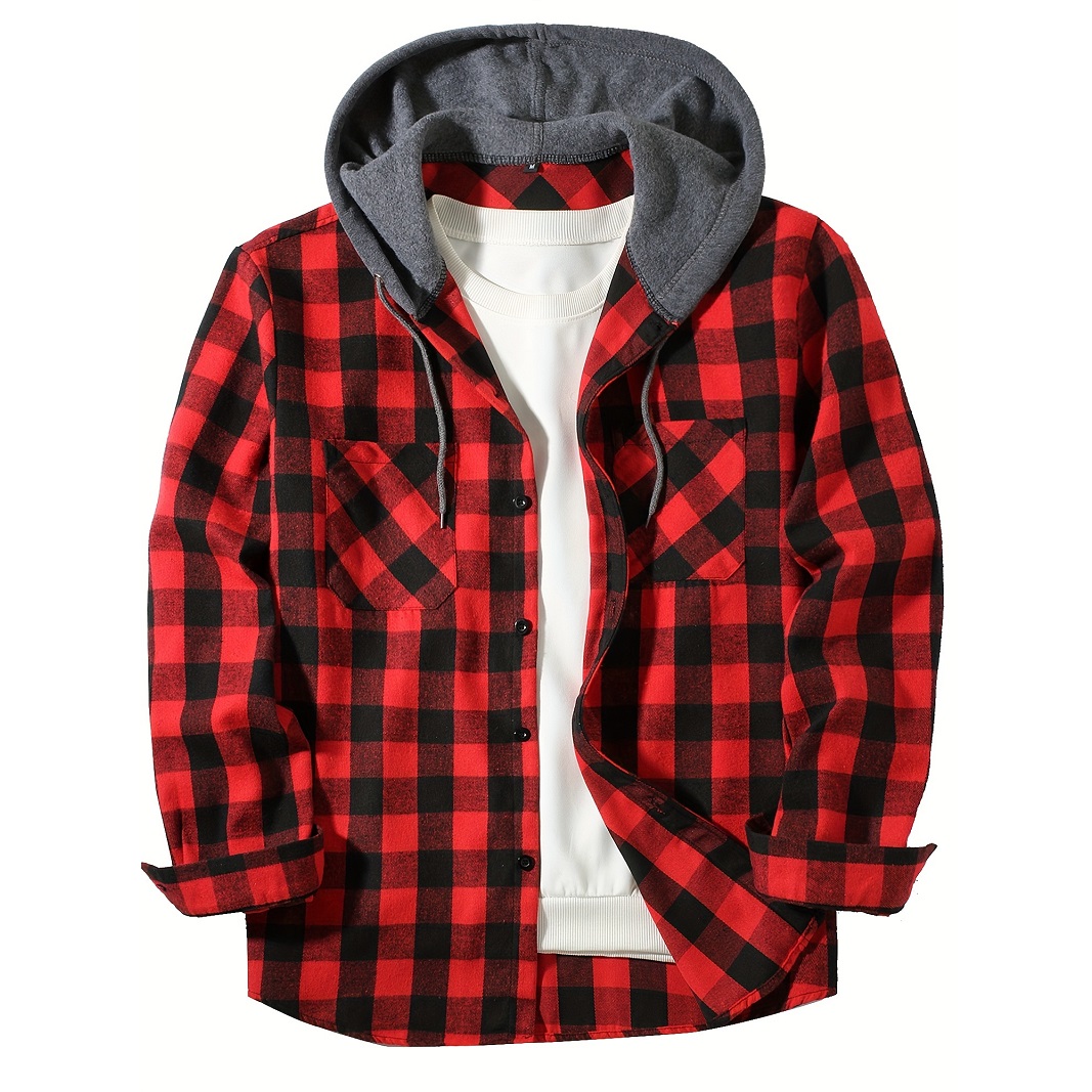 Herrenhemden, klassisch, kariert, lässig, Taste-Nieder-Kapuze, langärmelig, Doppeltaschen, Hemd, Kapuzenpullover, Flanelljacke, Frühlings- und Herbstoberteile: S / verrotten
