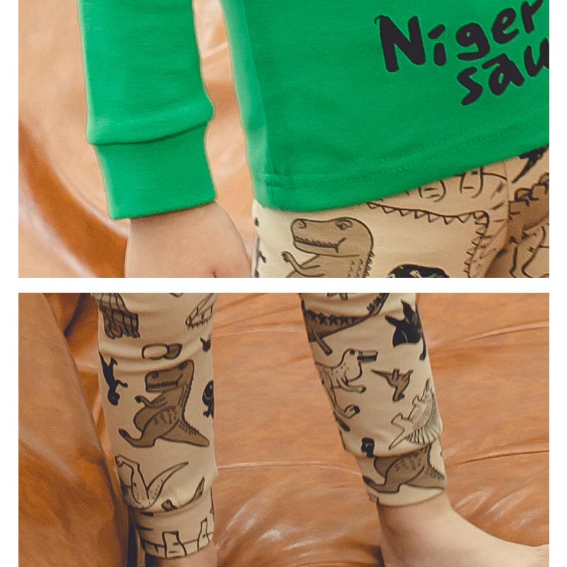 Kids Boys Cotton Blend Long Sleeve Dinosaur Print Round Neck Thermal Underwear Two-Piece Long Trousers Outfit Clothes Set