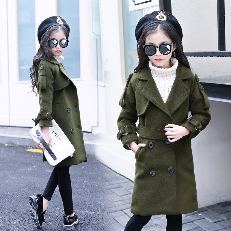 Kinder Mädchen Wolle Mantel Neue Mädchen Winter Jacken Drehen Kragen Solide Zweireiher Woolen Mantel Für 4-13T Mädchen: army green / 12
