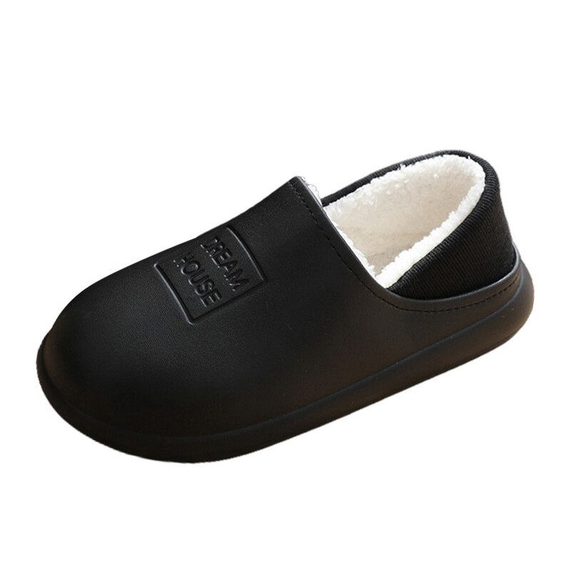 Waterproof Winter Cotton Slippers Female Home Household Warm Women Shoes Indoor Out Leather Bread With Moon Cotton Shoes: black / 43-44