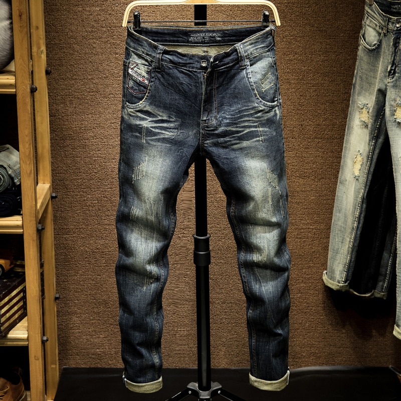 Heren Donkerblauwe Jeans Broek Denim Slim Fit Elastische Casual Punk Jeans Mannen High Street Vintage Gekrast Mode Zakken