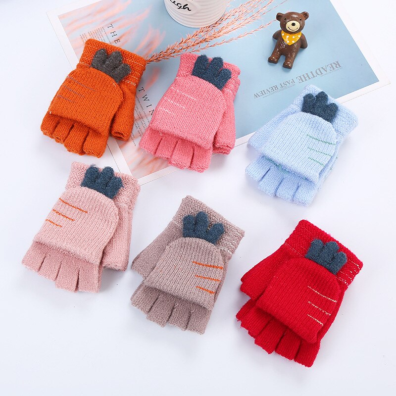 Winter children boys and girls wool gloves 1-5 years old children's knitted half-finger clamshell children's warm and cute 2ST5