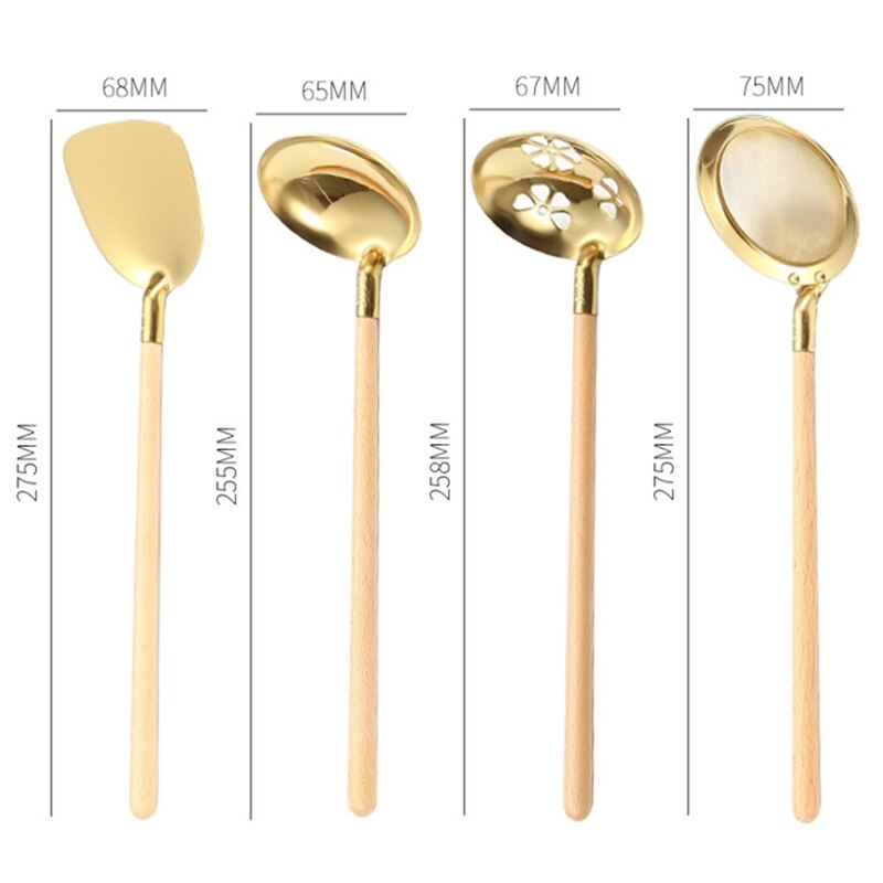 HGHO-ESPÁTULA pequeña de cocina, espátula con mango de madera, cuchara para sopa, colador, utensilios de cocina de acero inoxidable