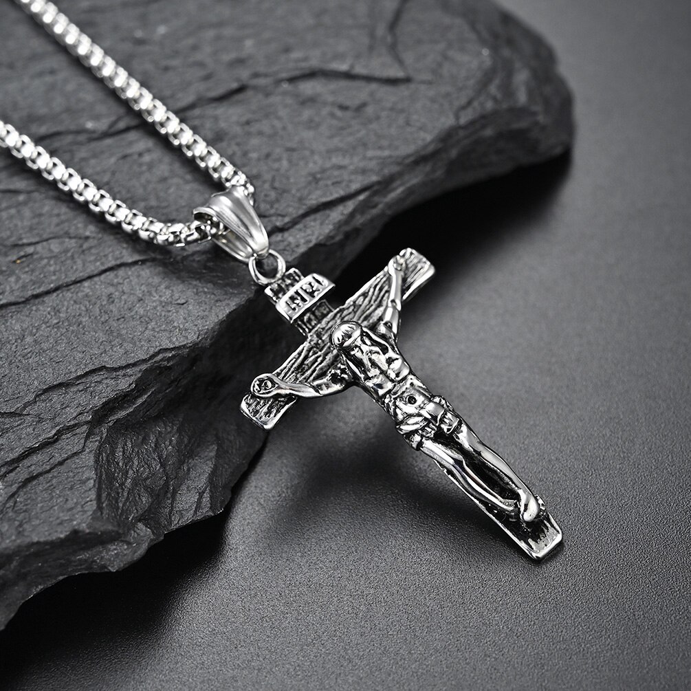 JHSL 55/60/70 cm Chain Classic Men Jesus Necklace Cross Pendants Jewelry Stainless Steel Silver Color