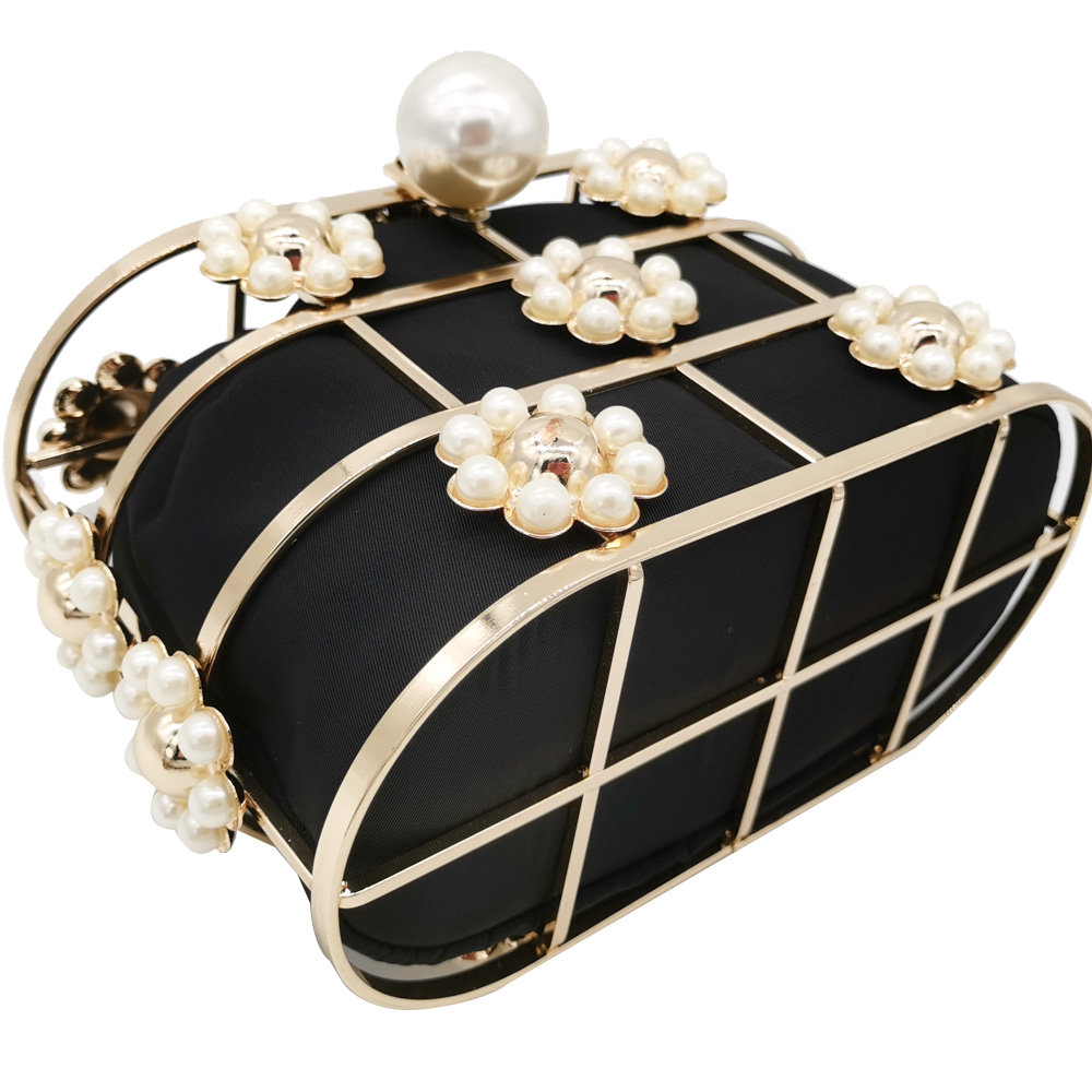 Boutique De FGG Pearl Top-Handle Black Bucket Women Flower Evening Bags Bridal Chain Shoulder Bag Wedding Purses and Handbags