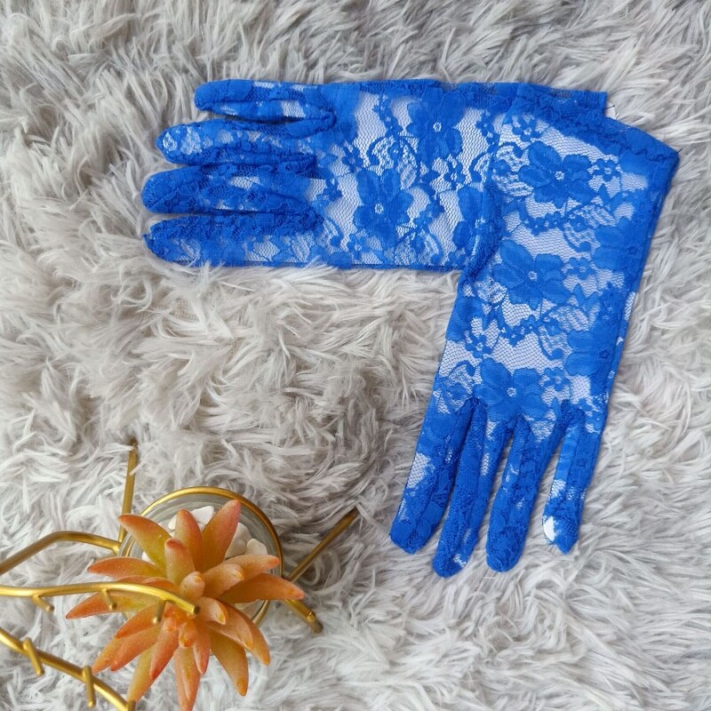 blaugrün Grün Sommer Elegante Damen Blumen- Spitze Handschuhe Blau Gelb Handgelenk Länge Kurze Volle Finger Mädchen Braun Rosa Handschuhe: Blau