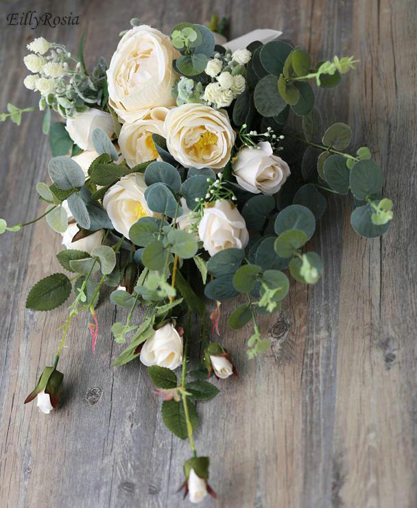 Handmade Country Wedding Bouquet Beautiful Artificial Flowers Green Eucalyptus White Rose Romantic Bridal Flowers Bouquet