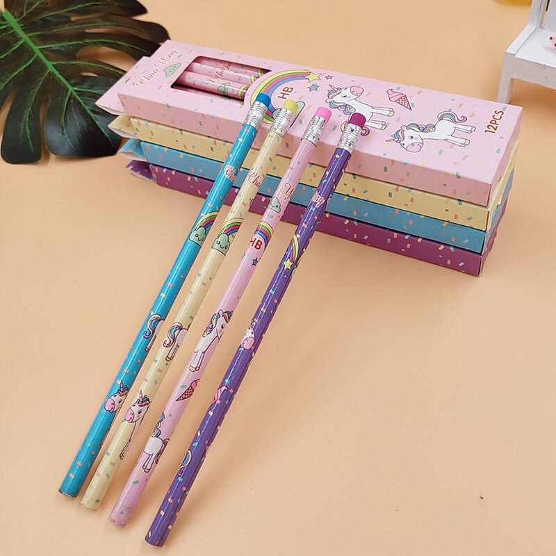 12 pcs/set Cute Rainbow Unicorn Triangle HB Standard Wooden Pencil Student Stationery Writing Pencils School Office Supply