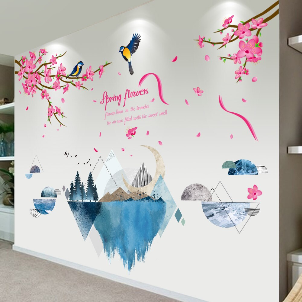 [shijuekongjian] floder bjerge wallstickers diy træ fugle vægmaleri mærkater til stue soveværelse hus dekoration: Flod og blomst