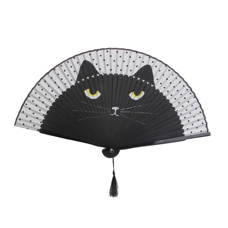 1pc dekorative vifter vintage kinesisk silke fan håndholdt fan tegneserie kat print foldning boligdekoration håndværk  a3