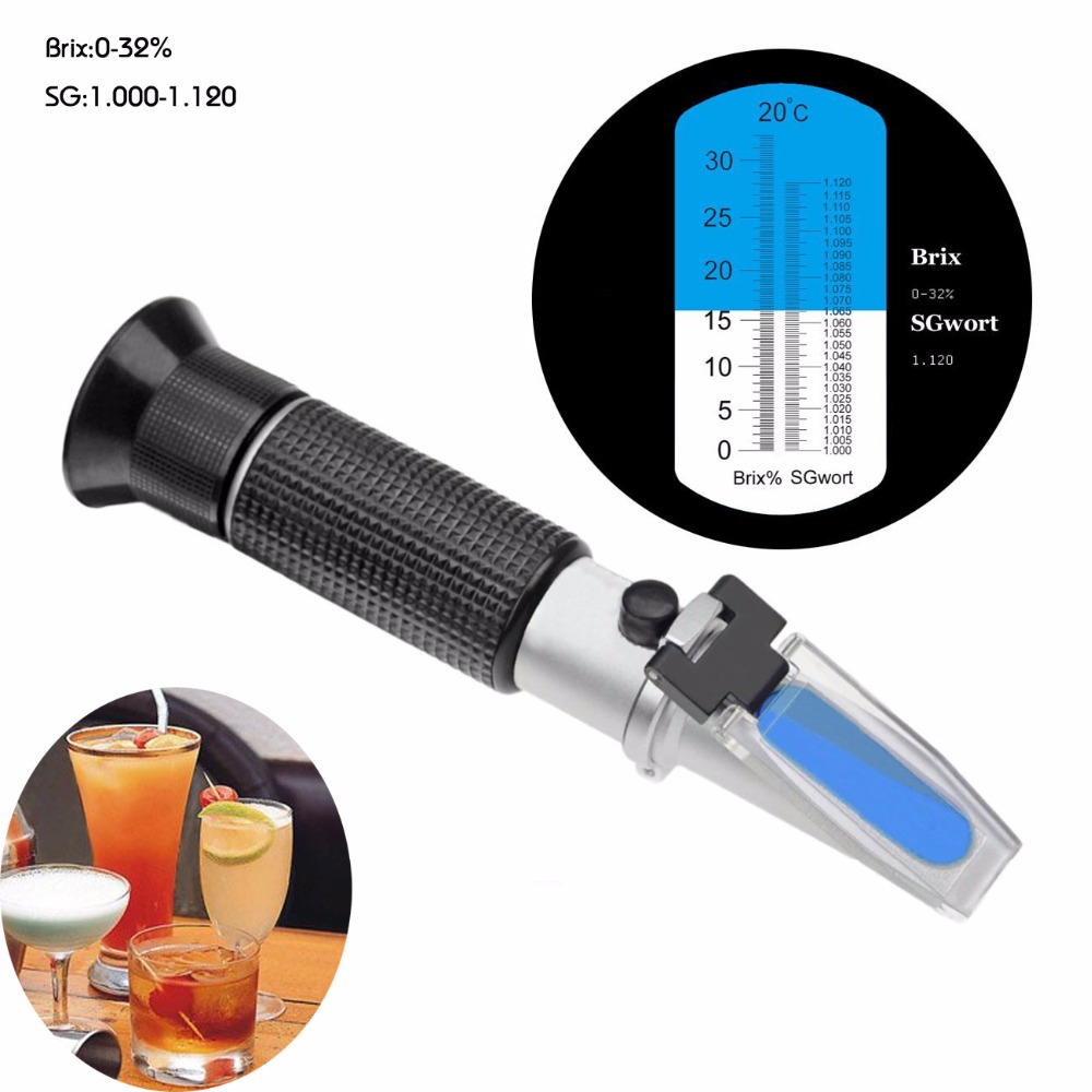 Refraktometer ølurt vin brix refraktometer atc  sg 1.000-1.120 & brix 0-32%,  refraktometer sukker vin øl frugt