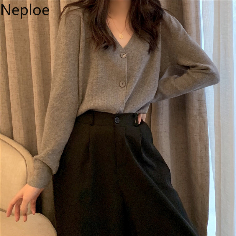Neploe løs skør stil enkelt bryst sweater cardiagns kvindelig v-hals langærmet strikket jumper pull femme frakke solid løs 48010