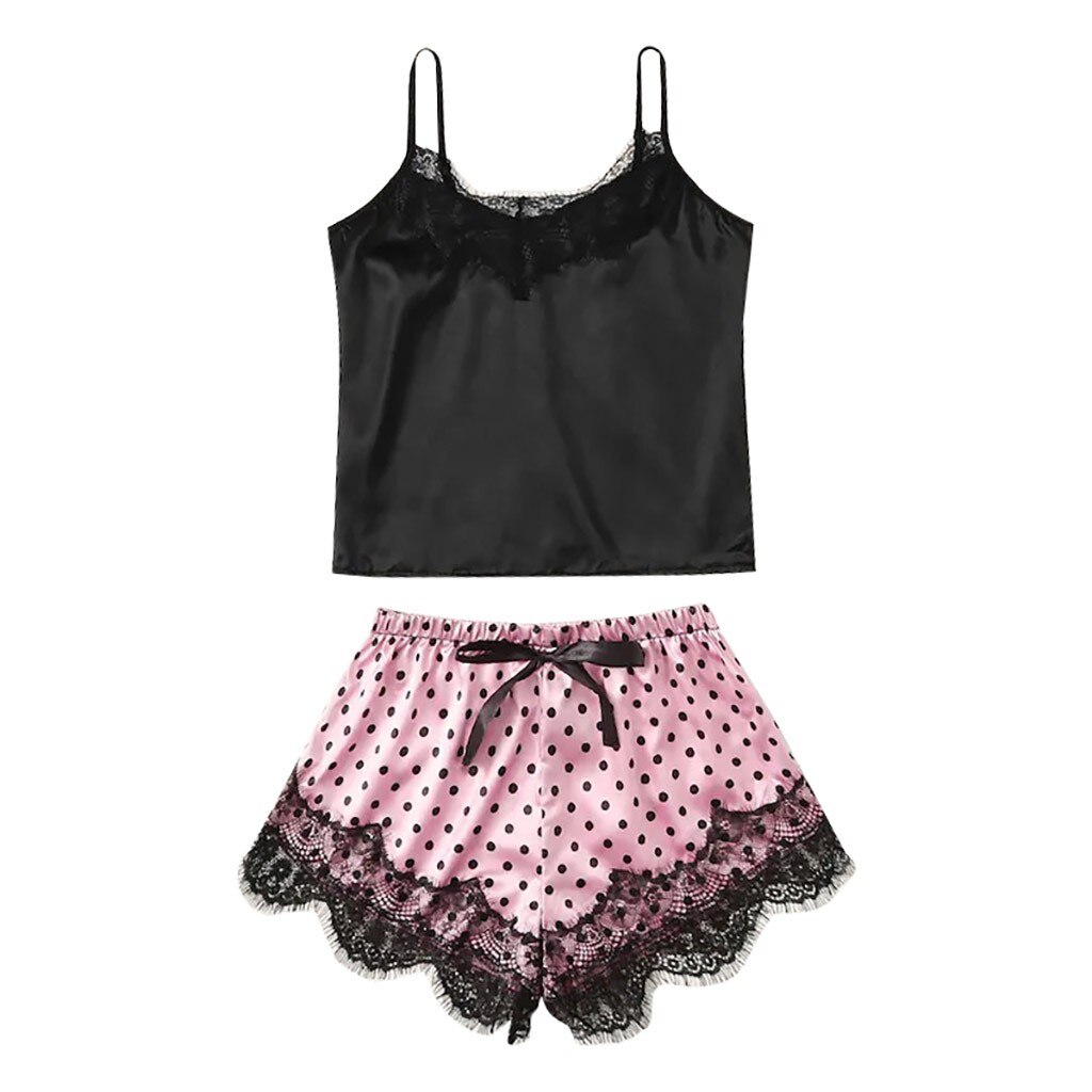 Bowknot lace hem cami short pant set