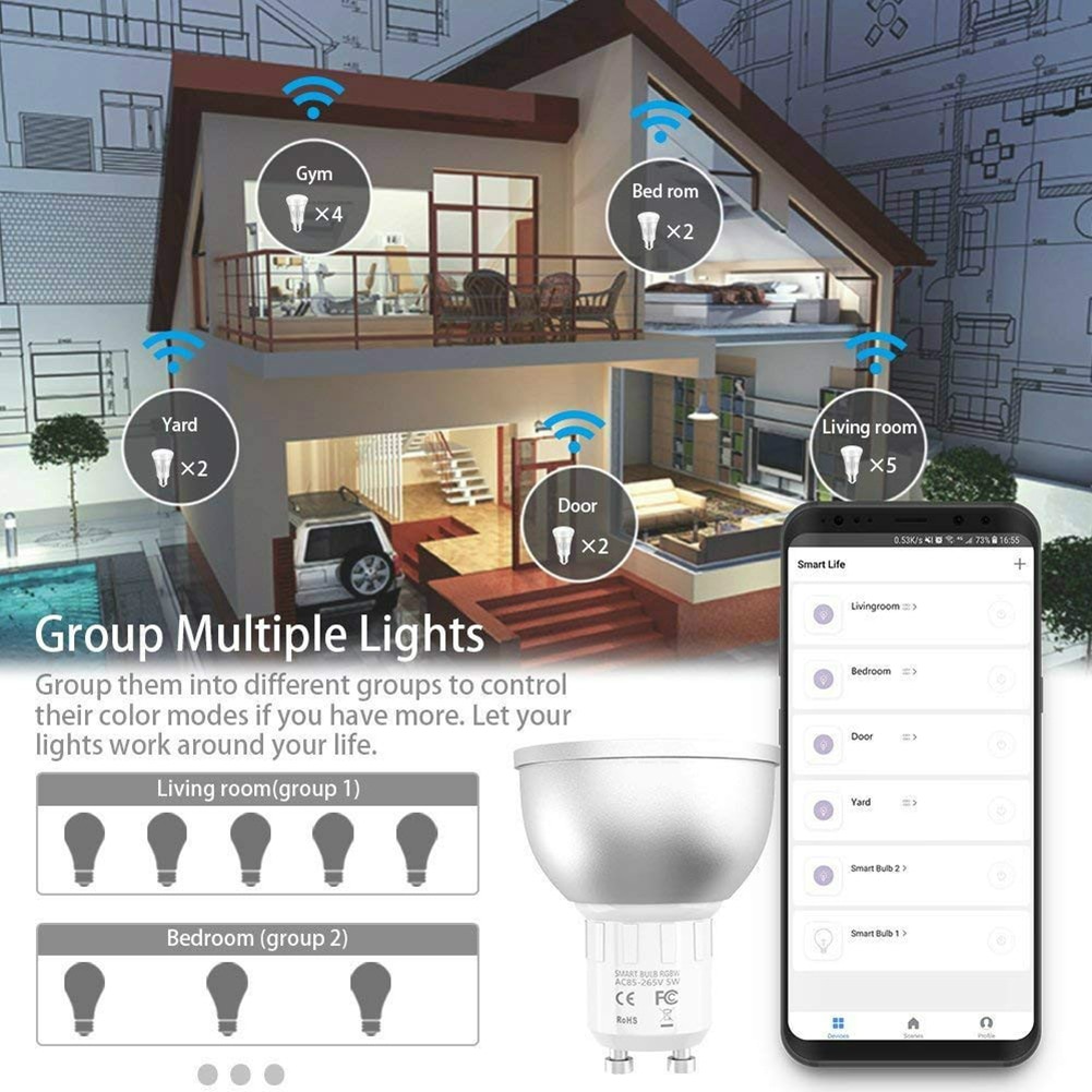 Smart Bulb WiFi GU10 RGBW 5W Led Dimbare Compatibel met Alexa & Google Thuis Slaapkamer Licht Afstandsbediening door smartphone Buizen
