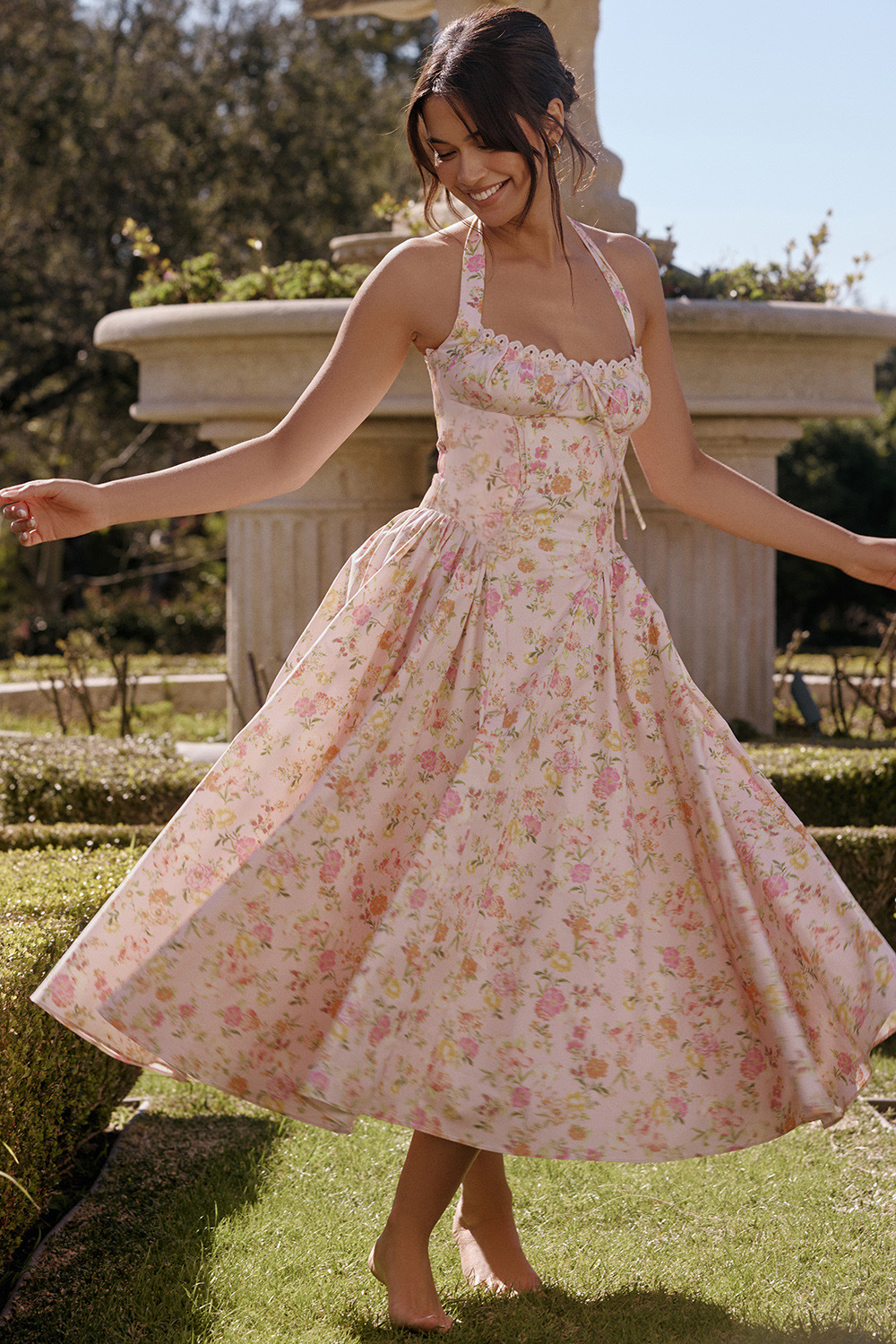 Vintage blomstret halterneck midi sommerkjole dame højtaljet pink blå sort rød kjole sommerkjoler kvinde fødselsdagskåbe