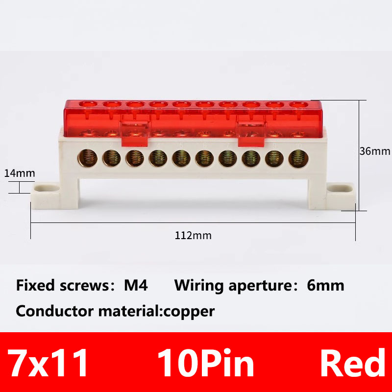 Zero wire terminal 3/4/5/6/7/10-Hole Distribution Box Terminal Block dustproof Ground Copper Bar Bridge type Busbar With cover: Red