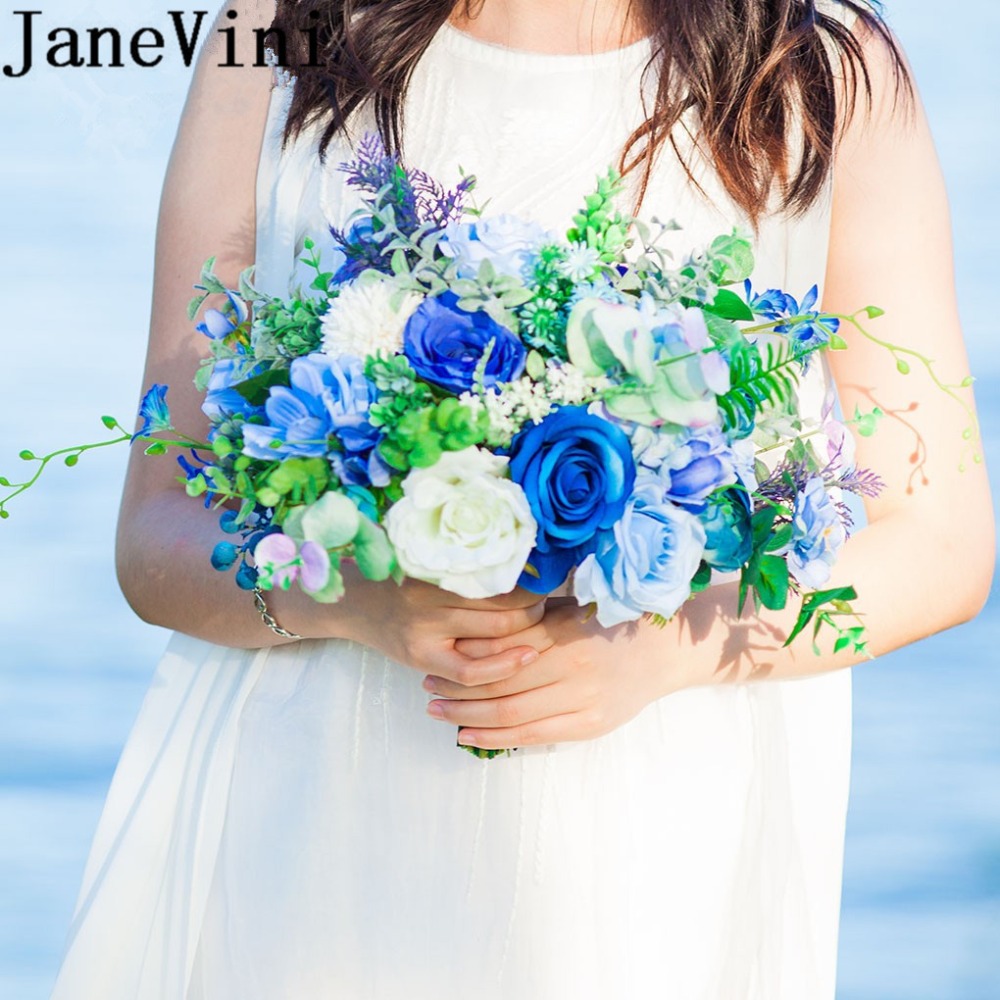 JaneVini Royal Blue Bride Bouquet Artificial Rose Wedding Flowers Bridal Bouquets Bridesmaid Photography Brooch Flores Boda