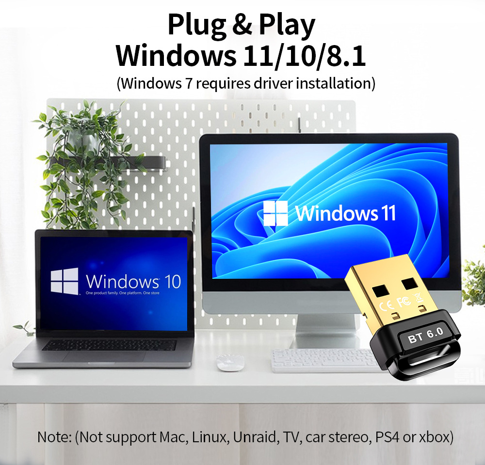 Adattatore bluetooth usb adattatore dongle bluetooth 6.0 per pc windows 11/10/8.1 ricevitore e trasmettitore bluetooth per tastiera e mouse