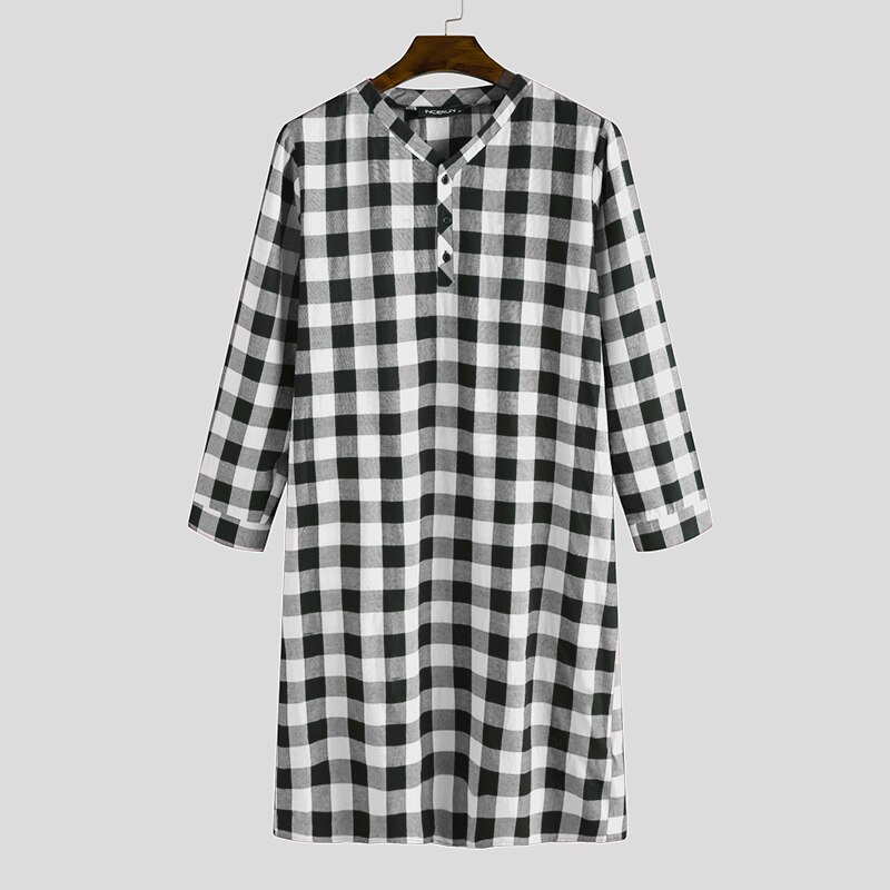 Plaid Men's Sleep Robes Homewear Soft Loose Long Sleeve V Neck Button Long Pajamas Leisure Men Nightgowns S-5XL INCERUN: Black / L